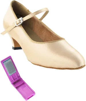 Very Fine Dance Shoes - Ladies Practice, Cuban Low Heel Ballroom Dance Shoes - 3008-1.3-inch Heel and Foldable Brush Bundle - Light Brown Satin - 8.5