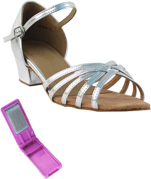 Very Fine Dance Shoes - Ladies Practice, Cuban Low Heel Ballroom Dance Shoes - 802-1.5-inch Heel and Foldable Brush Bundle - Silver Leather - 9.5