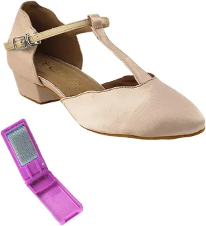 Very Fine Dance Shoes - Ladies Practice, Cuban Low Heel, Waltz Ballroom Dance Shoes - 6819FT - 1-inch Heel and Foldable Brush Bundle - Flesh Satin - 5.5