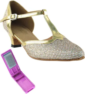 Very Fine Dance Shoes - Ladies Practice, Cuban Low Heel, Waltz Ballroom Dance Shoes - 9627-1.3-inch Heel and Foldable Brush Bundle - Gold Sparklenet - Gold Trim - 8