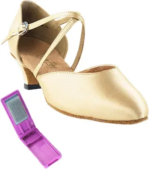 Very Fine Dance Shoes - Ladies Practice, Cuban Low Heel, Waltz Ballroom Dance Shoes - 9691-1.3-inch Heel and Foldable Brush Bundle - Light Brown Satin - 8.5