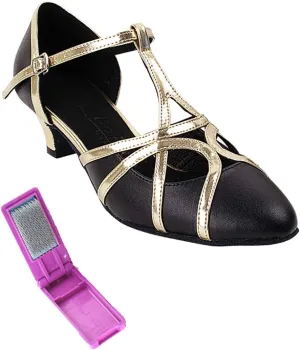 Very Fine Dance Shoes - Ladies Practice, Cuban Low Heel, Waltz Ballroom Dance Shoes - SERA3541-1.2-inch Heel and Foldable Brush Bundle - Black Leather - Light Gold Trim - 7.5