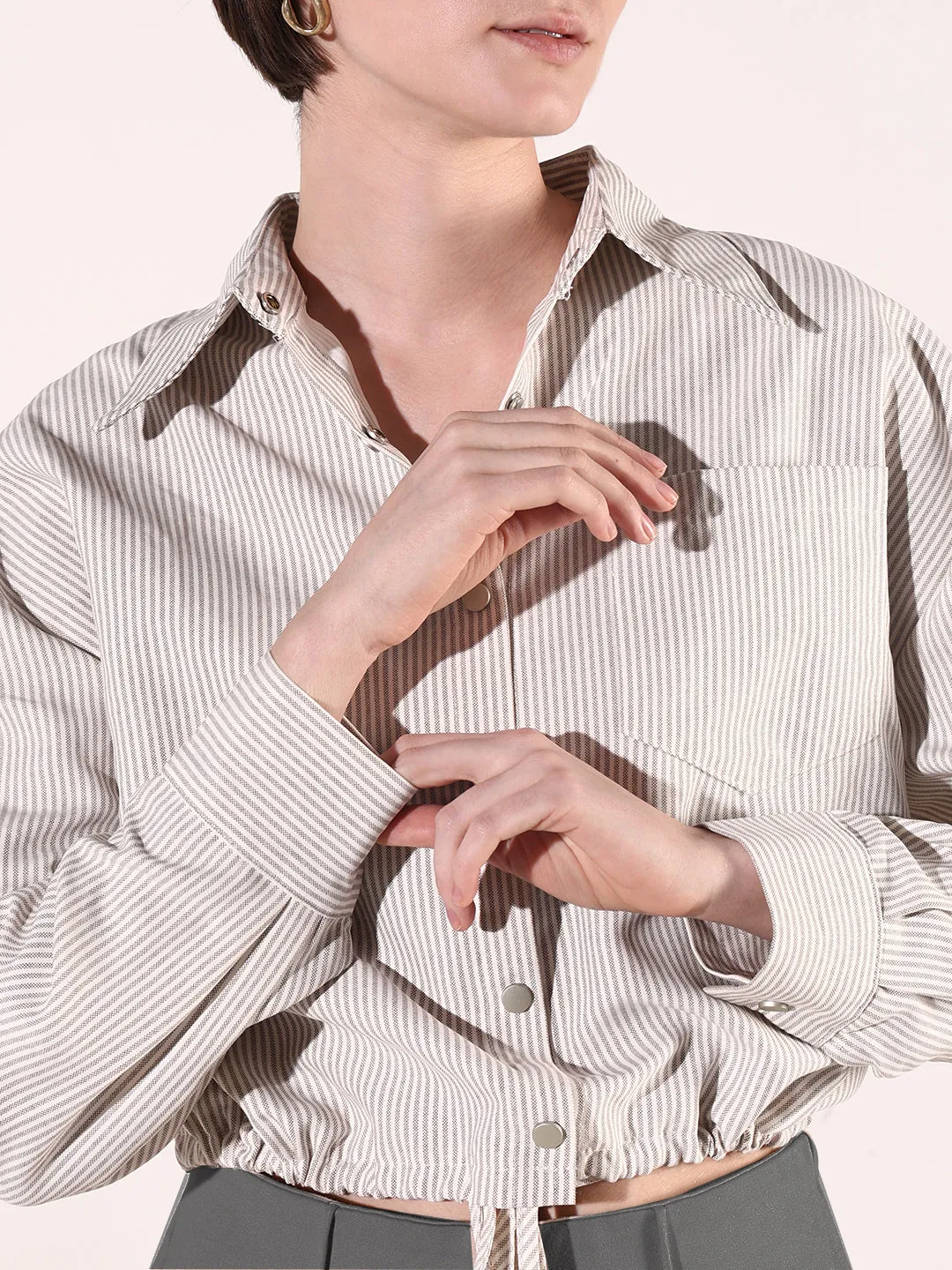 Women Beige Striped Cotton Shirt Style Crop Top