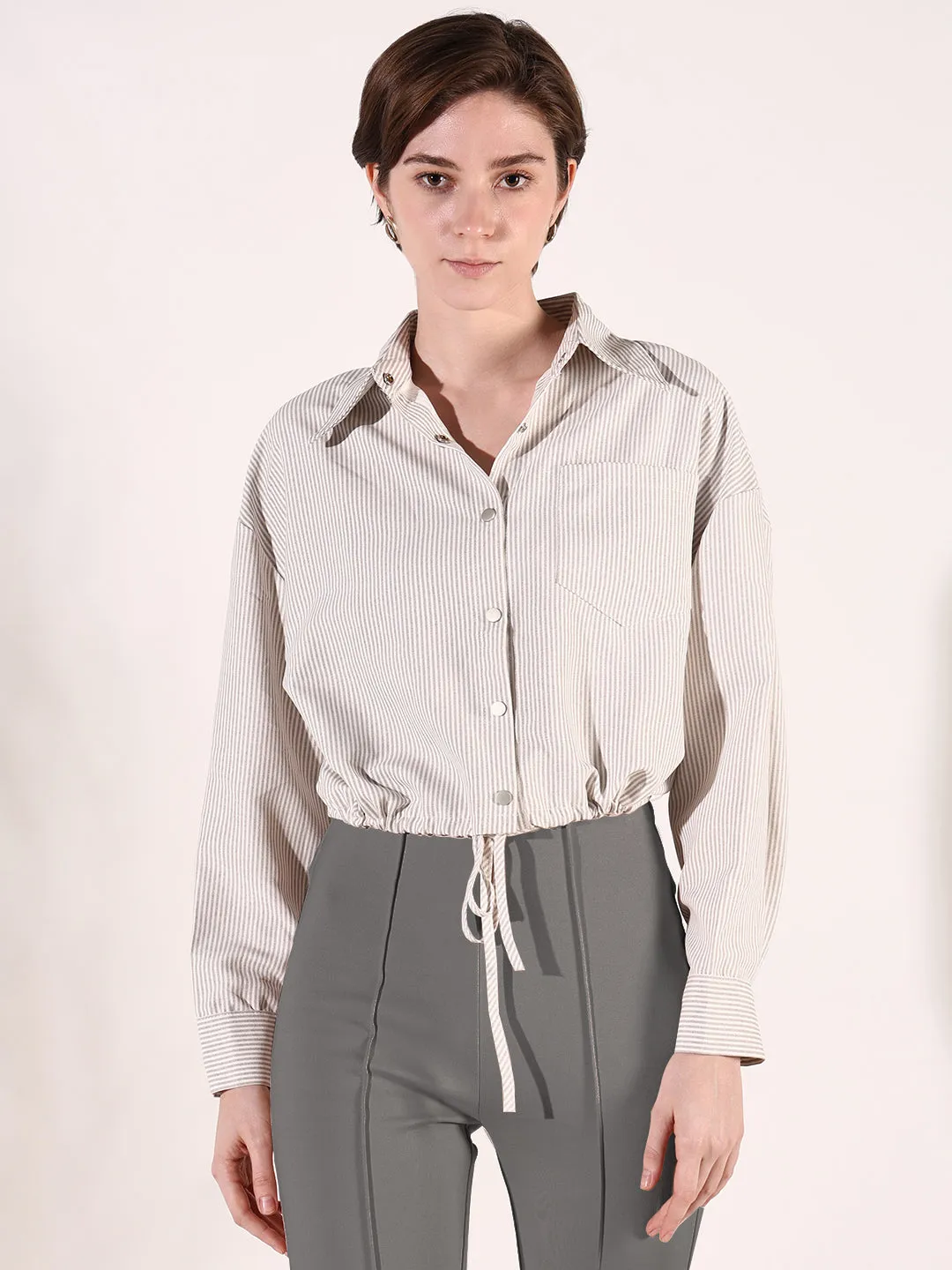 Women Beige Striped Cotton Shirt Style Crop Top