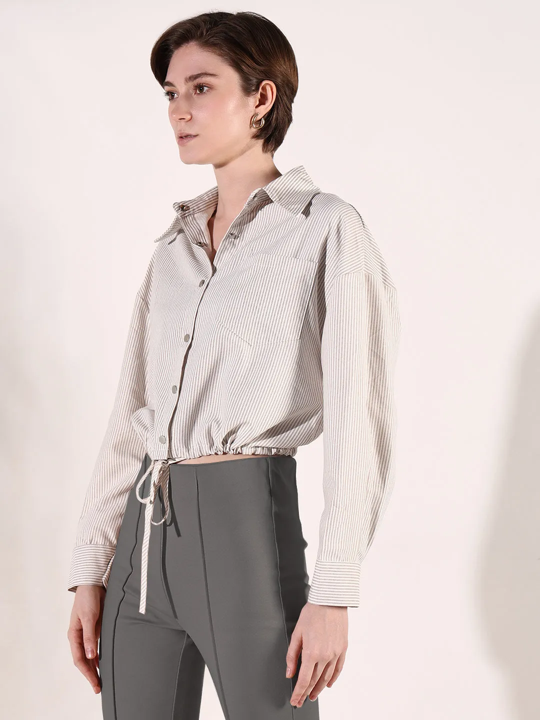 Women Beige Striped Cotton Shirt Style Crop Top