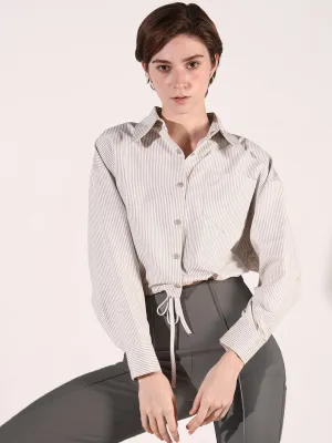 Women Beige Striped Cotton Shirt Style Crop Top