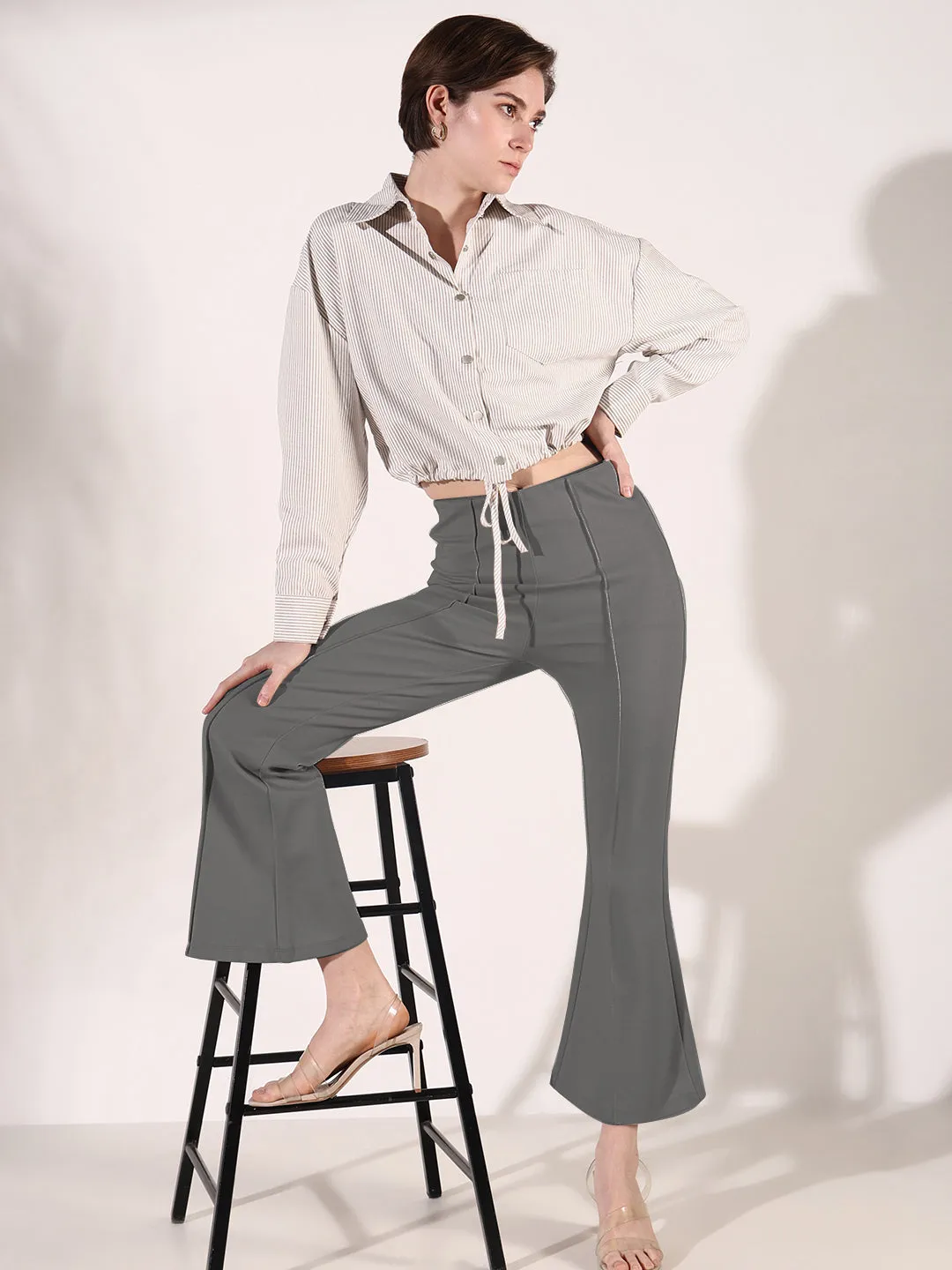 Women Beige Striped Cotton Shirt Style Crop Top