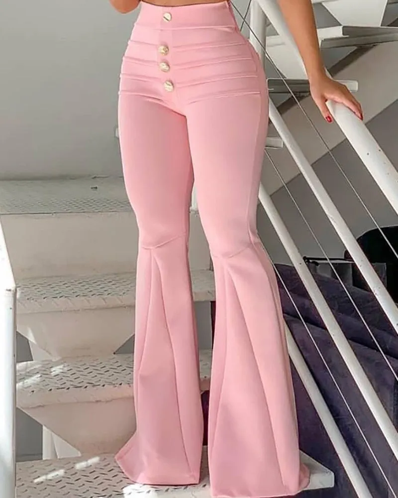 Women Elegant Pink Office Style Spaghetti Strap V-Neck Suit Set Cami Top &amp; Buttoned Bell-Bottom Pants Set Summer 2019