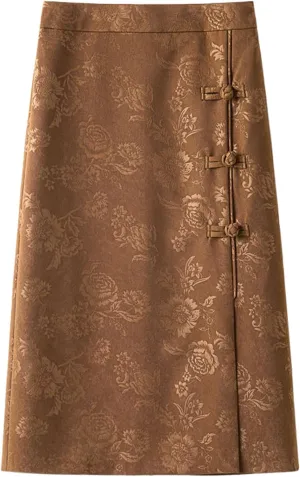 Women's Chinese Style Pencil Skirt with Slit,Frog Buttons,Spring Autumn Midi Skirt