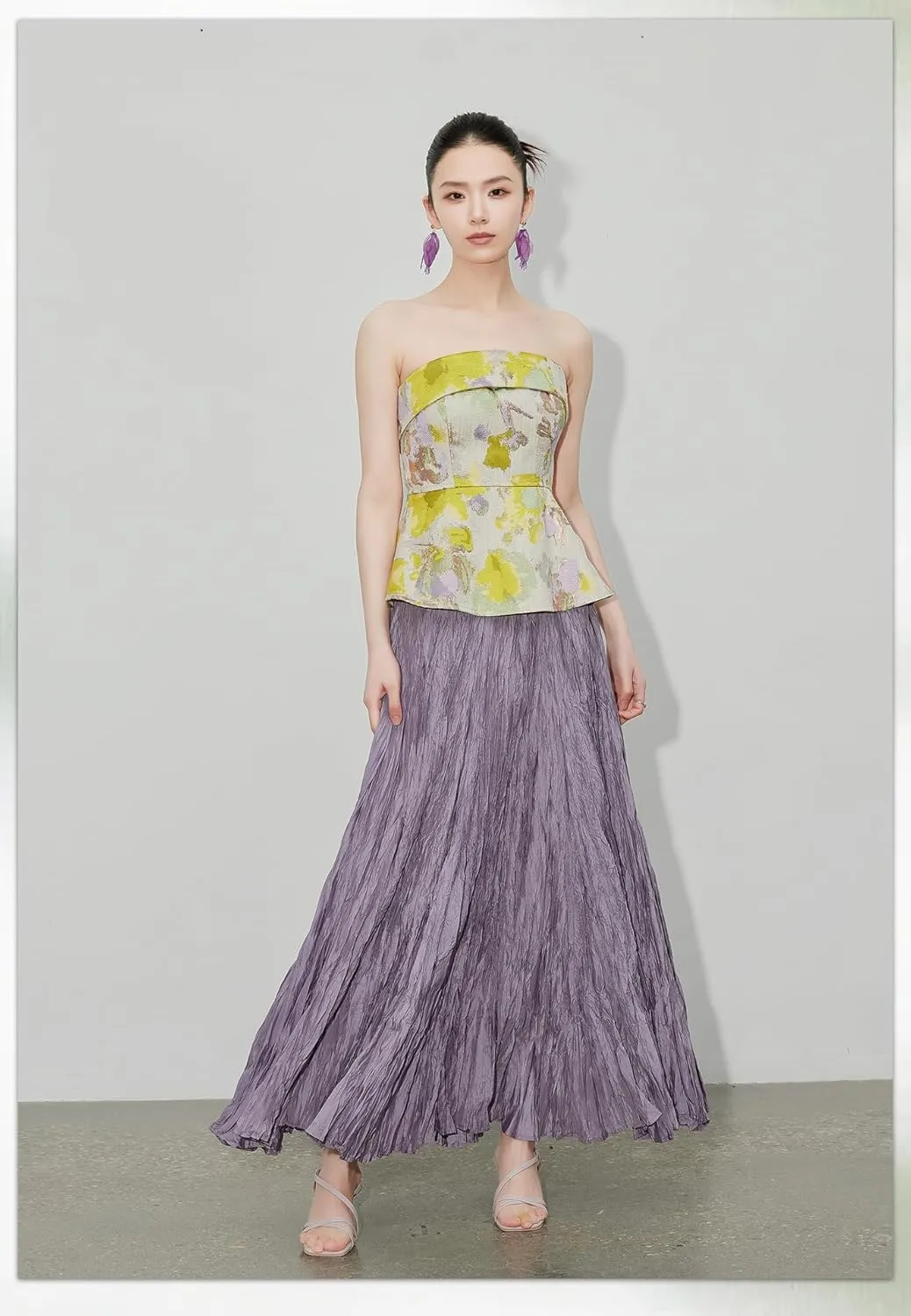 Women's Irregular Pleated Maxi Skirt with Elastic Waist,Flowing Long Skirt
