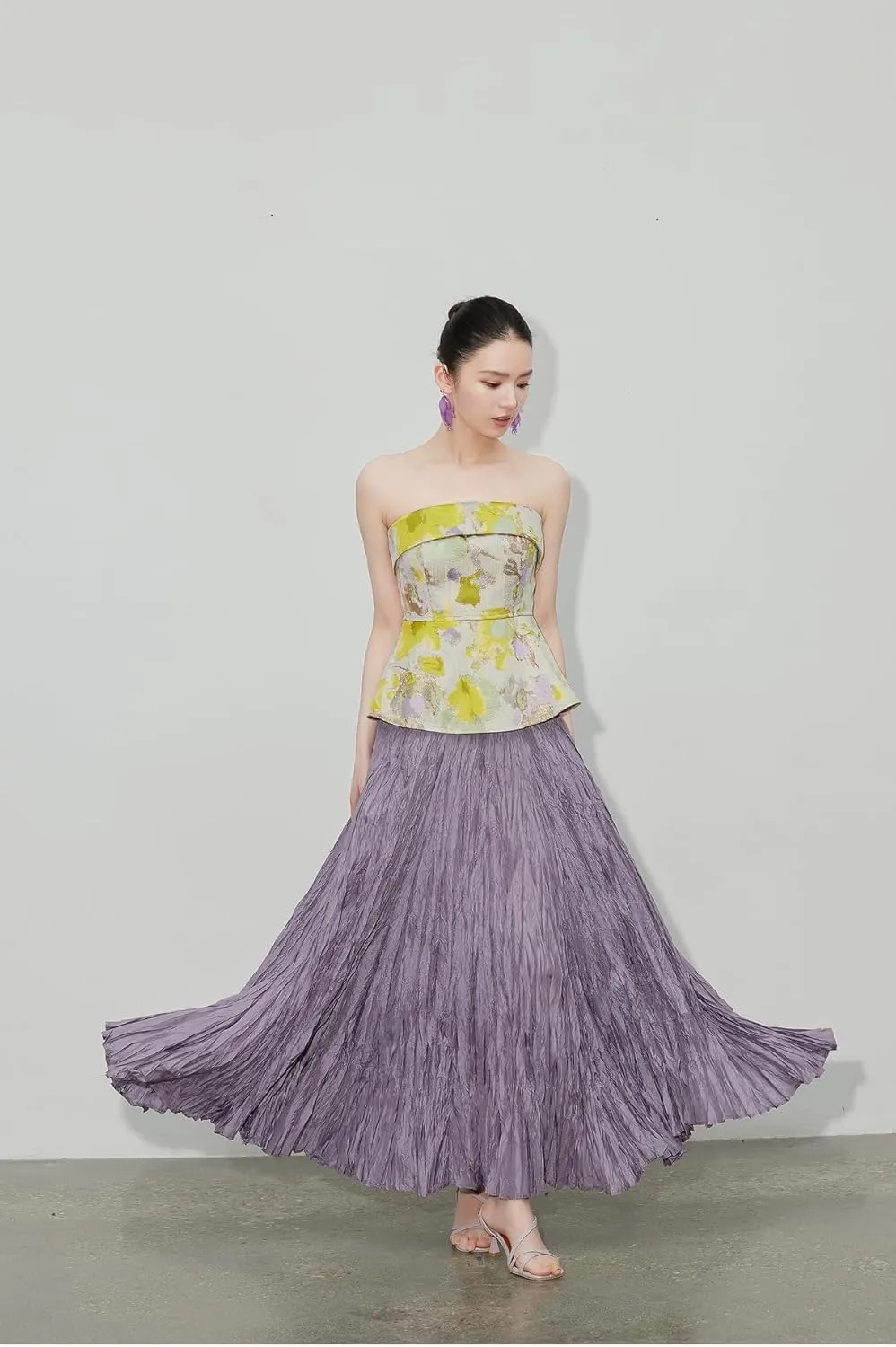Women's Irregular Pleated Maxi Skirt with Elastic Waist,Flowing Long Skirt