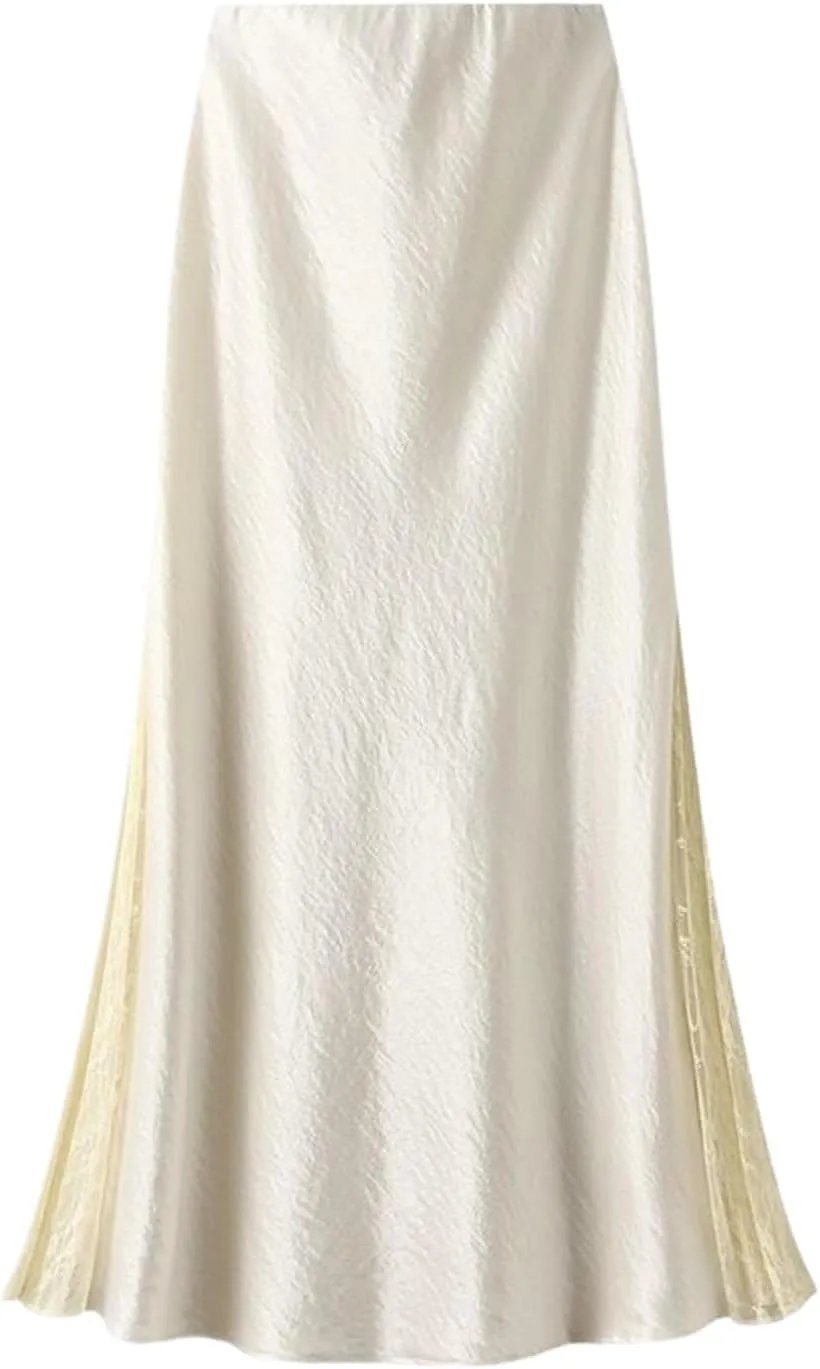 Women's Lace Patchwork Satin Pencil Skirt,French Style High Waist Spring Skirt