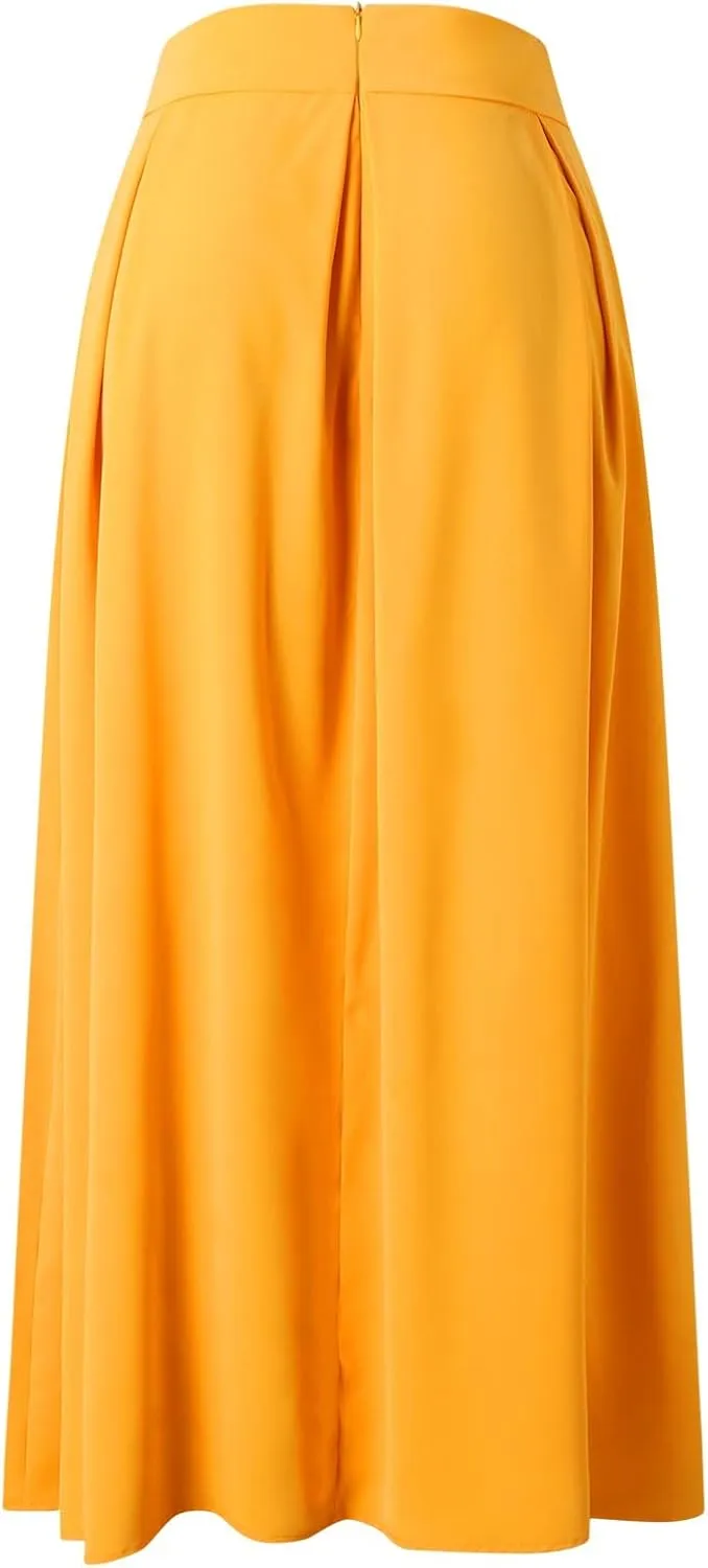 Womens Maxi Skirt A-line High Waist Swing Pleated Boho Summer Vacation Beach Flowy Elegant Long Skirts with Pockets