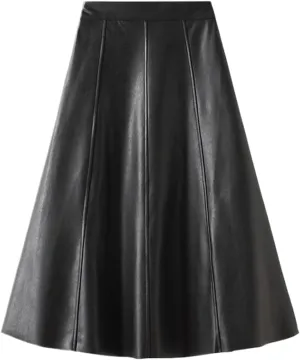 Women's Vintage Leather Pencil Skirt,High Waist A-Line Midi Skirt for Fall and Winter