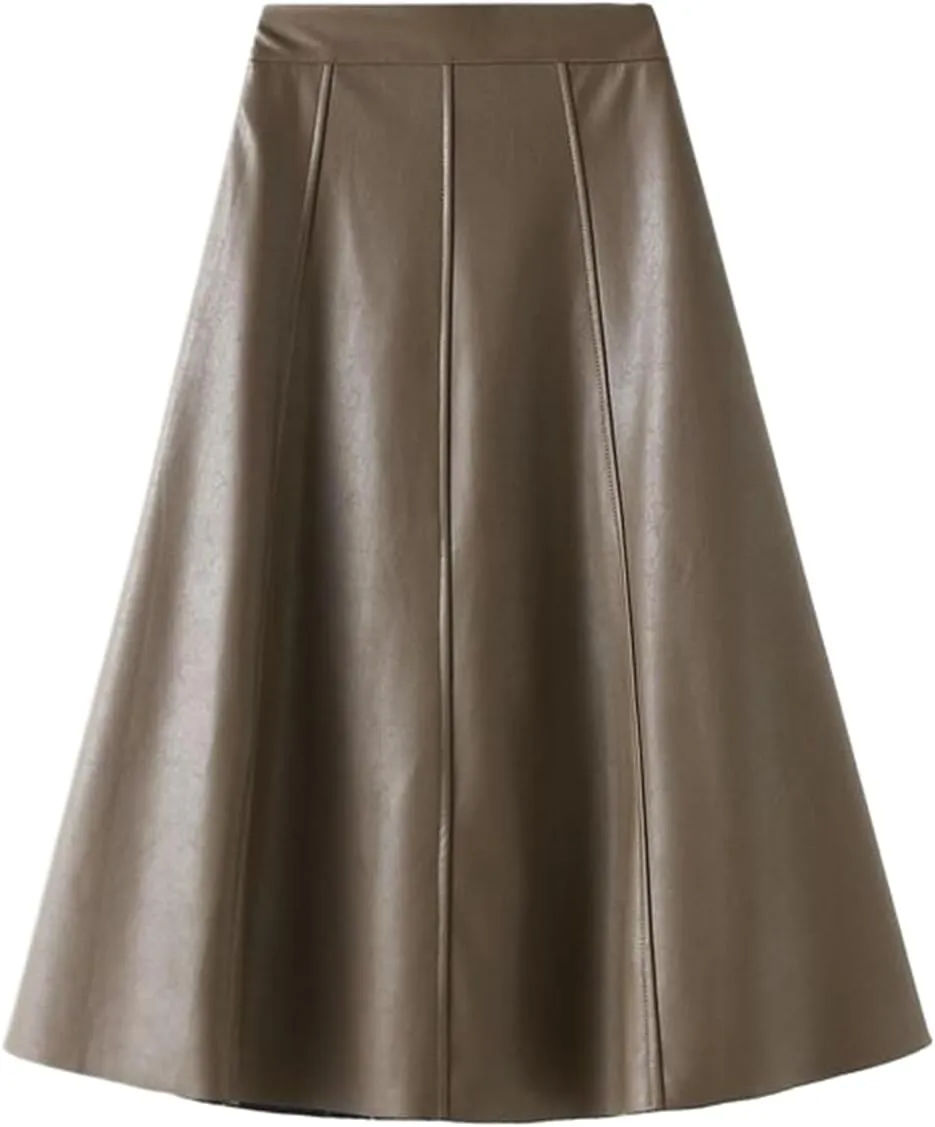Women's Vintage Leather Pencil Skirt,High Waist A-Line Midi Skirt for Fall and Winter
