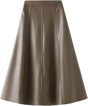 Women's Vintage Leather Pencil Skirt,High Waist A-Line Midi Skirt for Fall and Winter