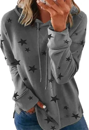 YMING Womens Casual Star Print Hoodies Long Sleeve Hooded Pullover Drawstring Side Split Tunic Tops Plus Size
